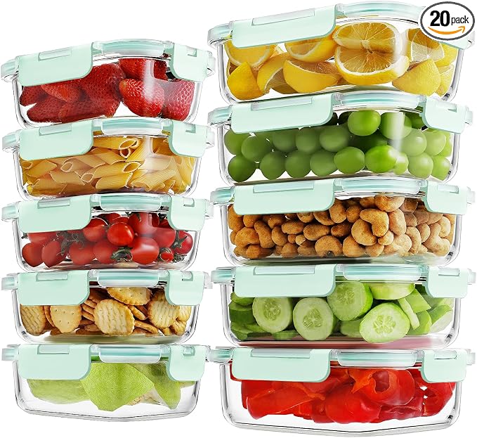 HOMBERKING 10-Pack Glass Meal Prep Containers, 36 oz/14 oz, Locking Lid Set | Borosilicate Glass Food Storage Containers Set, Airtight Lunch Bento Boxes, BPA-Free, Dishwasher Freezer, Oven Safe-Blue by HOMBERKING