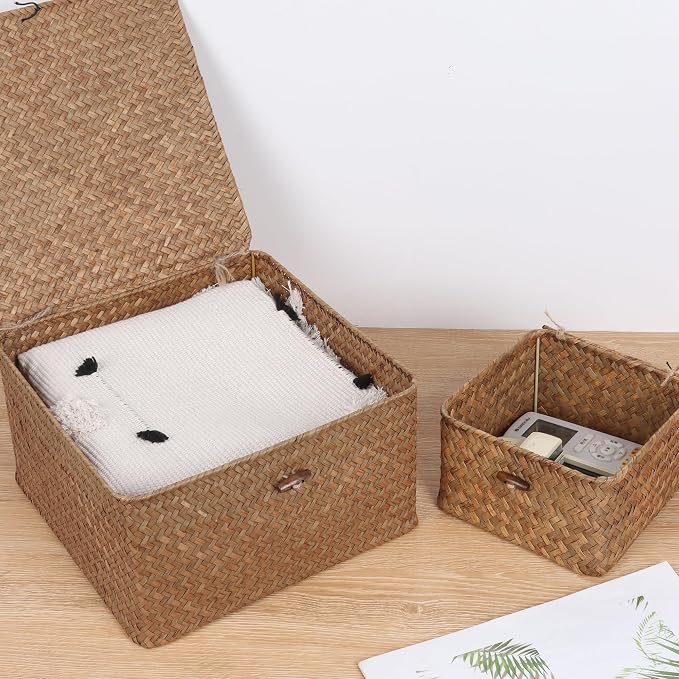 Moosky Wicker Shelf Baskets with Lid, Handwoven Seagrass Storage Basket Bins Square Gift Boxes for Shelves Home Decor Organizer (Coffee, Large) - Image 2