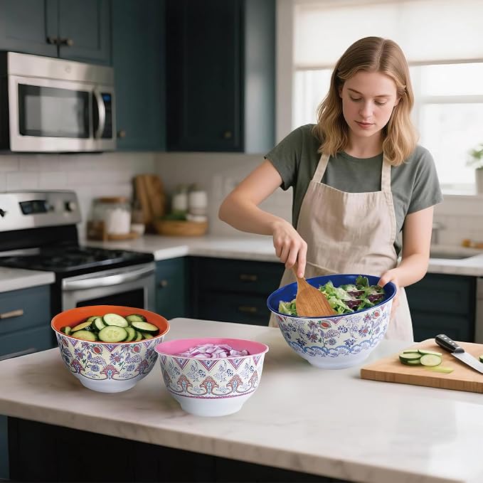 TP Melamine Mixing Bowl Set with Lids, Salad Bowl Set of 3, Ottoman Floral | Nesting Design,Break-resistant,Pasta & Salad Prep, Baking Prep, Space-saving Storage, Freezer Safe, Dishwasher Safe - Image 7