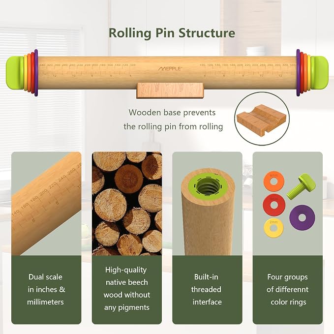 Rolling Pin with Thickness Rings,13.6''Dough Roller&Stand Fit Uniform Dough | Mepple Precision Wood Roller Rod with 4 MultiColor Measuring Rings for Fondant Cookies Pizza Pie Making At Home or Pro Bakers - Image 7