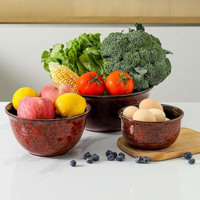 HASENSE Ceramic Mixing Bowls, Large Serving Dishes Set of 3 for Cooking, Baking, Prepping, Porcelain Nesting Bowls for Salads, Fruit, Popcorn, Cereal, 2.1/1.0/0.5 Qt, Dishwasher & Microwave Safe, Red - Image 5