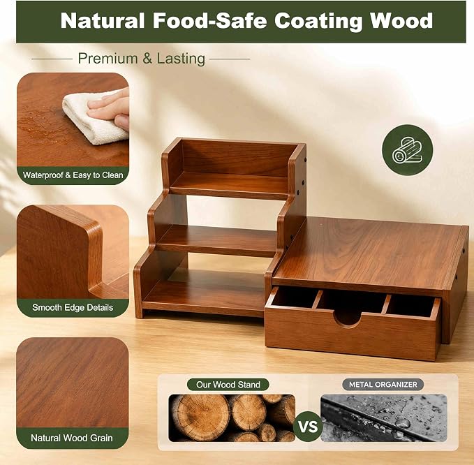 Coffee Station Organizer with K Cup Holder Drawer for Countertop, Coffee Tea Bar Accessories Office Corner Stand Station, 28 Pods Holder Drawer 3-Tier Trapezoidal Wooden Syrup Organizer Rack - Image 5