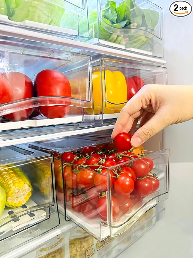 Refrigerator Organizers and Storage Drawer, Stackable Fruit Storage Containers for Fridge, Reusable Fridge Organizer fit for Kitchen Refrigerator and Restaurant Freezer (2 Drawers, Large) by Unknown