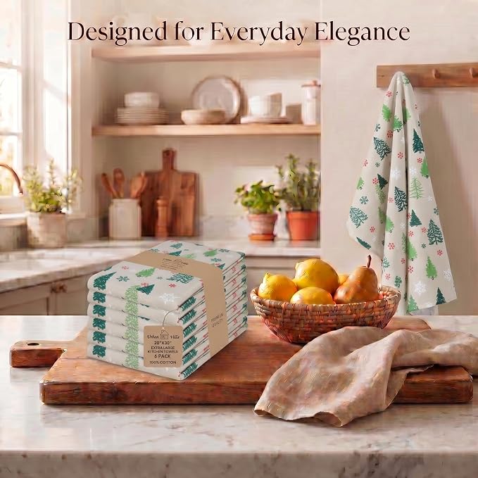 Urban Villa Kitchen Towels Cotton Dish Towels 20”x30” (Set of 6) Grn Tree Print - Image 5