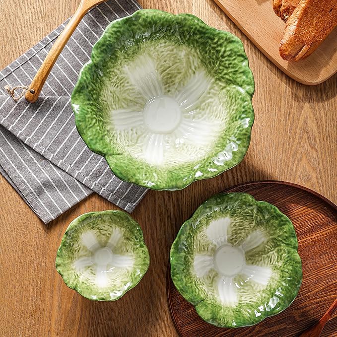 KXZ Green Cabbage Serving Bowl Set of 3 for Kitchen - Extra Large 60oz, 16oz, 5oz Nesting Mixing Bowls, Porcelain Dishes for Salad, Entertaining, Fruit, Vintage, Decorative, Ceramic Pho Soup Tureen - Image 6