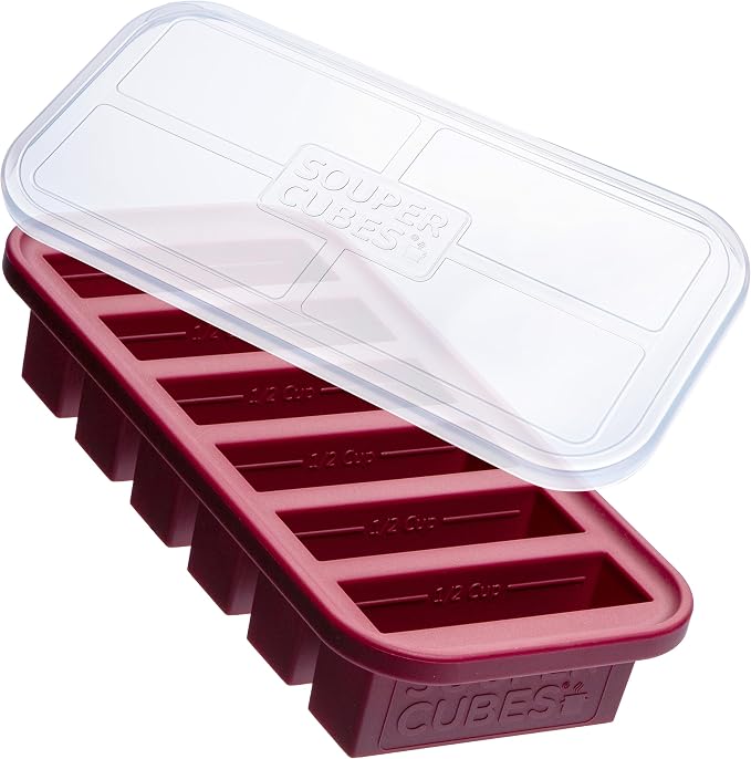 Souper Cubes 1/2 Cup Silicone Freezer Mold with Lid, Cranberry, 1-Pack | 100% Platinum-Cured Silicone Freezer Cube, Oven & Microwave Safe, Perfect for Freezing Broth, Sauces, Sides and More by SouperCubes%C2%AE