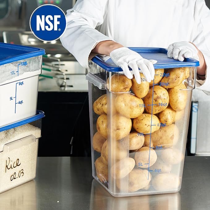4 Pack Food Storage Containers with Blue Lids - NSF Listed Commercial Grade in 22.0 Qt - Square, Clear, Polycarbonate - Image 3