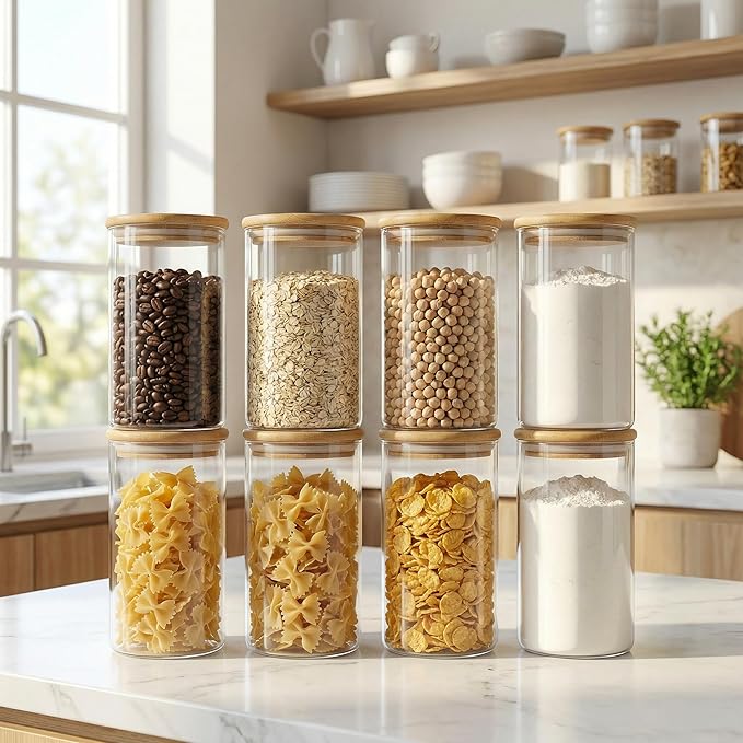 HomArtist Glass Jars with Bamboo Lids 28 floz [Set of 8], Glass Canisters with Airtight Lids, Glass Food Storage Containers for Pasta, Oats, Coffee, Flour, Sugar, Rice, Best for Kitchen & Pantry - Image 2