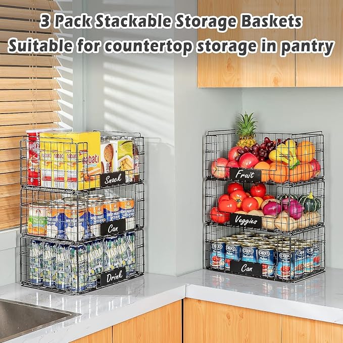 JKsmart 3 Pack XXL Stackable Wire Baskets, Pantry Organizers and Storage | Fruit Basket with Name Plates & Handles & Breathable Design, Muti-Purpose for Snack Rack & Metal Storage Bins & Can Organizer - Image 5