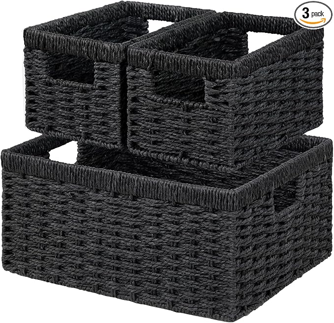 Wicker Storage Basket, Set of 3 Wicker Basket, Hand-Woven Paper Rope Storage Baskets for Organizing, Large Cube Storage Organizer Bins Baskets for Shelves Small Toilet Paper Baskets, Black by Vagusicc