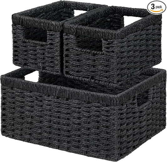 Wicker Storage Basket, Set of 3 Wicker Basket, Hand-Woven Paper Rope Storage Baskets for Organizing, Large Cube Storage Organizer Bins Baskets for Shelves Small Toilet Paper Baskets, Black by Vagusicc