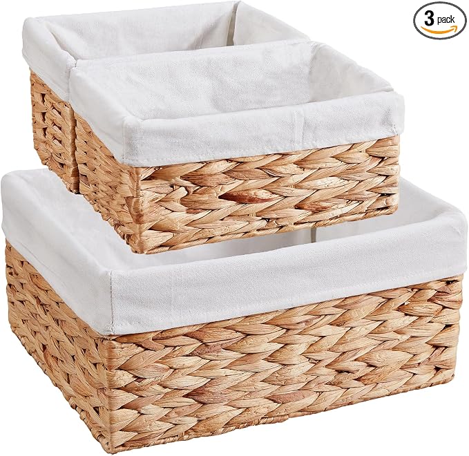 Wicker Basket, 3-Pack Water Hyacinth Wicker Storage Basket with Handles, Storage Baskets for Organizing, Large Hyacinth Storage Baskets for Shelves with Liner (Water Hyacinth Baskets Set) by Vagusicc