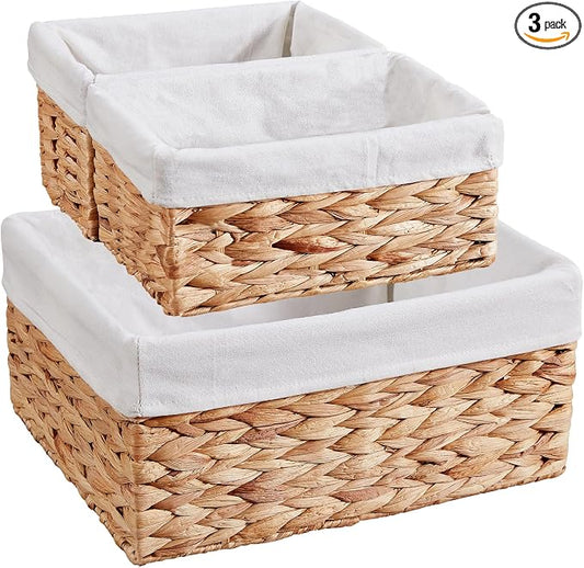 Wicker Basket, 3-Pack Water Hyacinth Wicker Storage Basket with Handles, Storage Baskets for Organizing, Large Hyacinth Storage Baskets for Shelves with Liner (Water Hyacinth Baskets Set) by Vagusicc