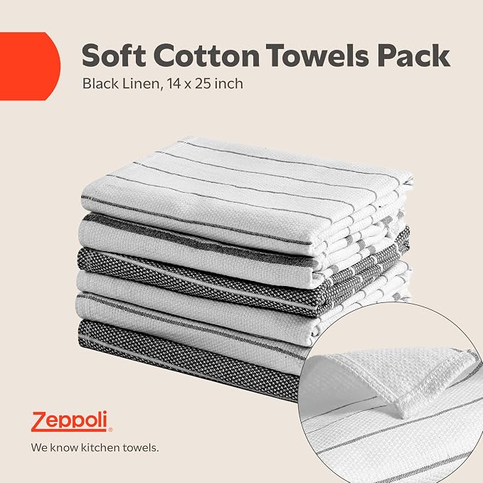 Zeppoli Classic Kitchen Towels - 6 Pack 100% Natural Cotton Towel Set, Reusable Wash Cloths, Absorbent Dish Towels, Machine Washable Hand Towels, Kitchen Essentials, 20" x 28" - Black VAR - Image 2