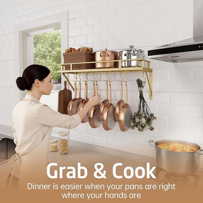 KES 30-Inch Gold Pot Rack, Wall Mounted Hanging Pot and Pan Organizer | 12 Sturdy Hooks, Elegant Modern Kitchen Wall Hanger Shelves, KUR215S75A-GD - Image 7