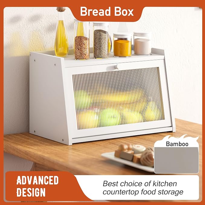 GHWIE Large Bread Box, Easy Access & Cleaning - Bamboo Bread Box for Kitchen Countertop with Acrylic Door (White, Medium) - Image 2