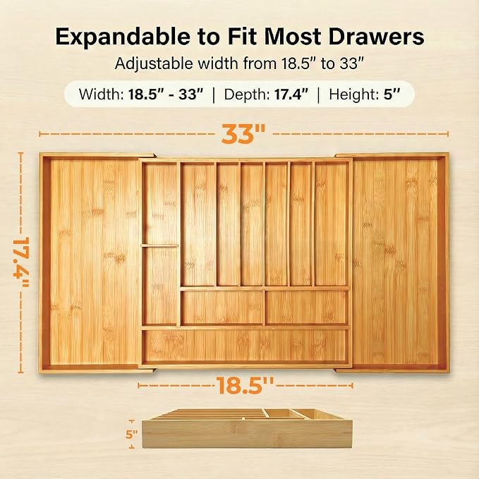 18.5"-33" Expandable Bamboo Silverware Utensil Drawer Organizer | 11-13 Deep Slots with Adjustable Dividers, Solid Bamboo Construction, Non-Slip Design - Image 2