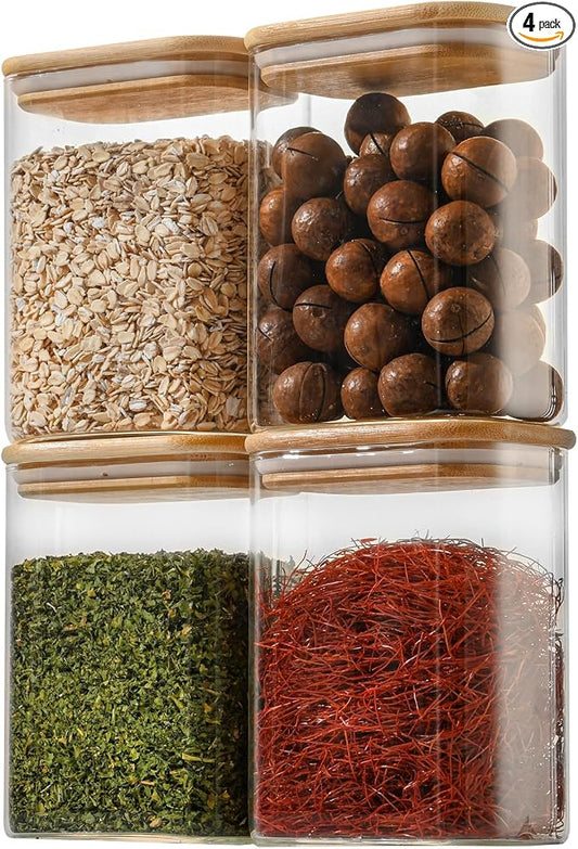 D2scrma 37oz Rectangle Airtight Glass Storage Containers with Bamboo Lids (Set of 4), Square Food Storage Jar, Pantry Organizers for Cereal, Nuts, Snacks and Coffee beans (‎with Black Lable) by Delicatedtoservicecustomer