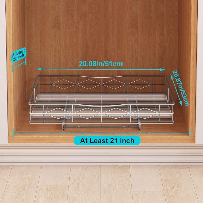 Pull Out Cabinet Organizer, 50LB Load Capacity Bottom-mount Sliding Drawer for Pots and Pans, 20" W x 21" D Under Sink Storage Shelf for Cabinet Opening 21" W x 22" D or Larger, Chrome Finish - Image 3