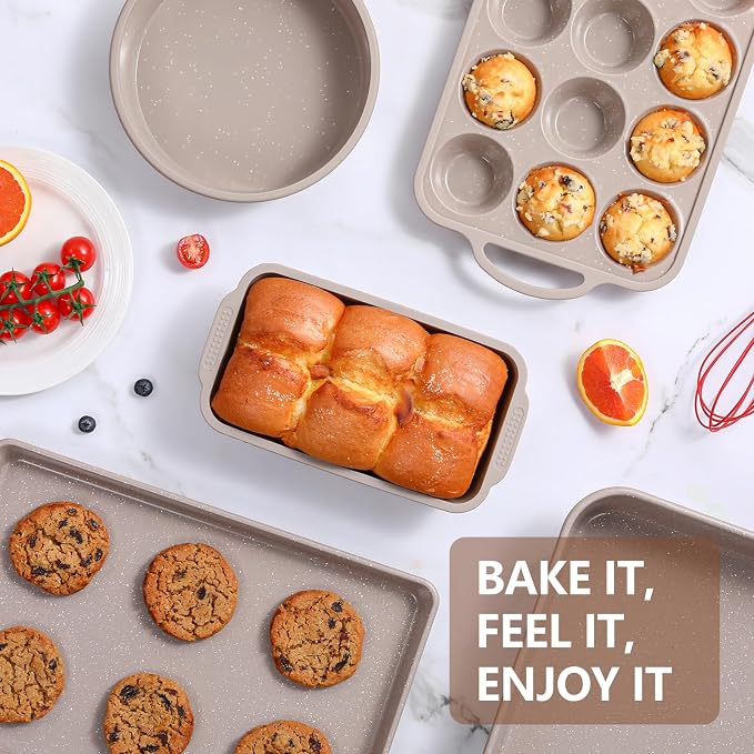 Vinino 6-Piece Baking Pans Set Nonstick, Bakeware Set includes Silicone Muffin, Loaf, Cake Pans with Metal Reinforced Frame. And includes Carbon Steel Roasting Pan, Cookie Sheet for Oven - Image 3