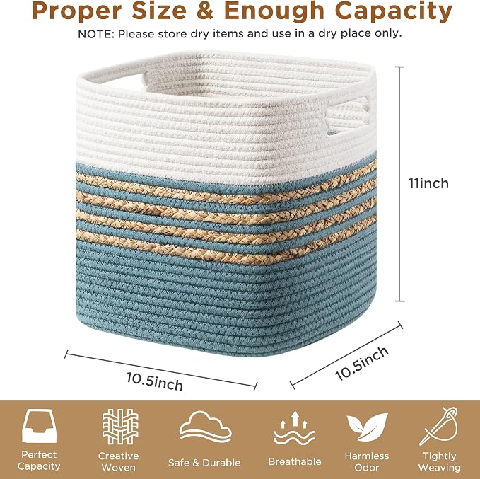UBBCARE Set of 3 Storage Cubes 11 X 10.5 X 10.5 in, Water Hyacinth Storage Bins for shelves, Toys, Book, Storage Baskets with Handles, Cotton Rope Woven Baskets for Organizing, Light Blue - Image 2