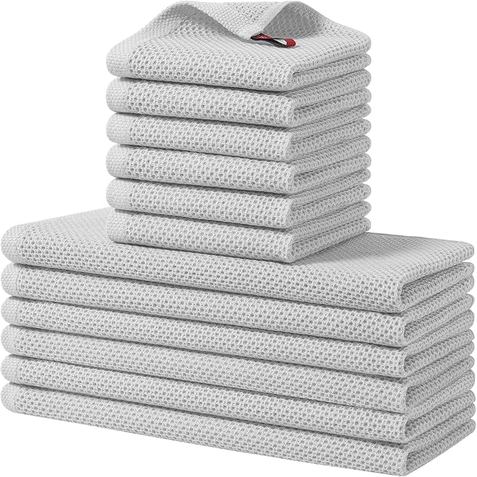 Homaxy 12 Pack 100% Cotton Kitchen Towels and Dishcloths Set, Light Gray | 12 x 12 Inches and 13 x 28 Inches Kitchen Towels Set, Ultra Soft Absorbent Dish Cloths for Washing Dishes by Homaxy