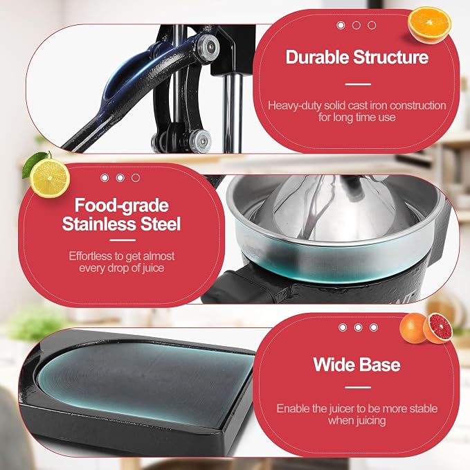 18 Inch Height Commercial Heavy Duty Cast Iron Hand Press Manual Orange Citrus Lemon Lime Grapefruit Pomegranate Fruit Juice Squeezer Machine with Stainless Steel Cup and Durable Base Black - Image 4