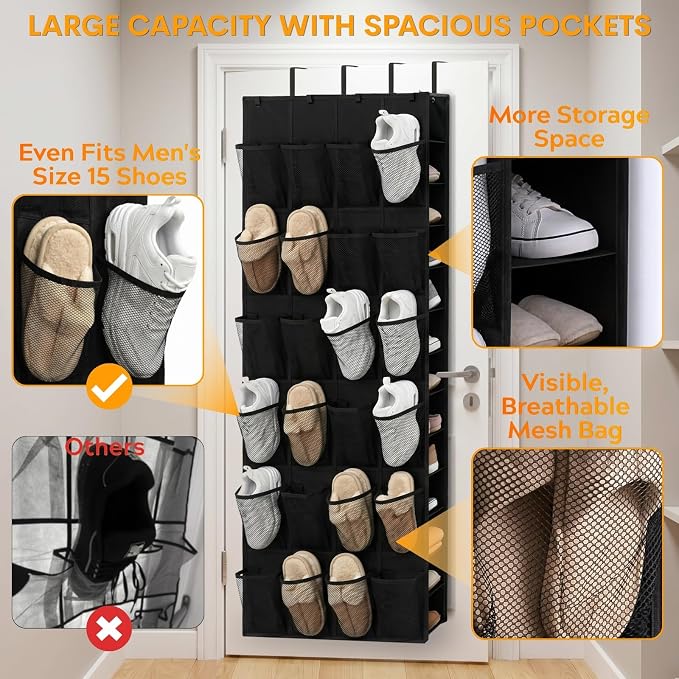 40-50 Pairs Over the Door Shoe Organizer, Large Double-Sided Pockets Hanging Shoe Rack, Space-Saving Closet Door Organizer Fits Boots,Sneakers or Larger Shoes,Shoe Storage for Bedroom, Closet,Entryway - Image 3