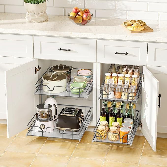 2-Tier Pull Out Cabinet Organizer (8" W x 22" D) | Soft Close Cabinet Slide Out Shelves, Heavy Duty Slide Out Drawers with Shelf Liner for Kitchen Cabinets, Pantry, Bathroom - Image 2