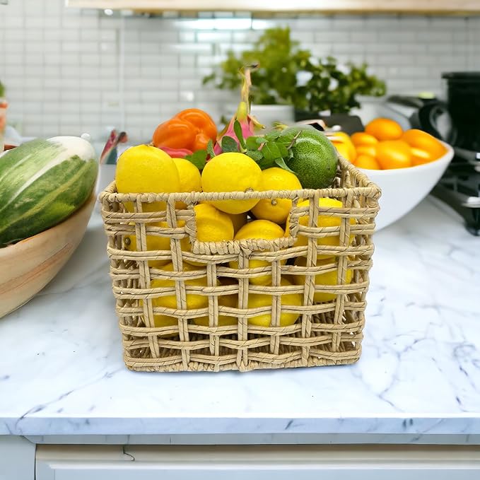 Handwoven Buri & Wicker Storage Baskets Set of 3 Open Weave, 12 x 10 x 8 In | Handwoven natural buri palm & wicker over sturdy iron frame, breathable storage for pantry shelve, toys towels & rustic décor - Image 3