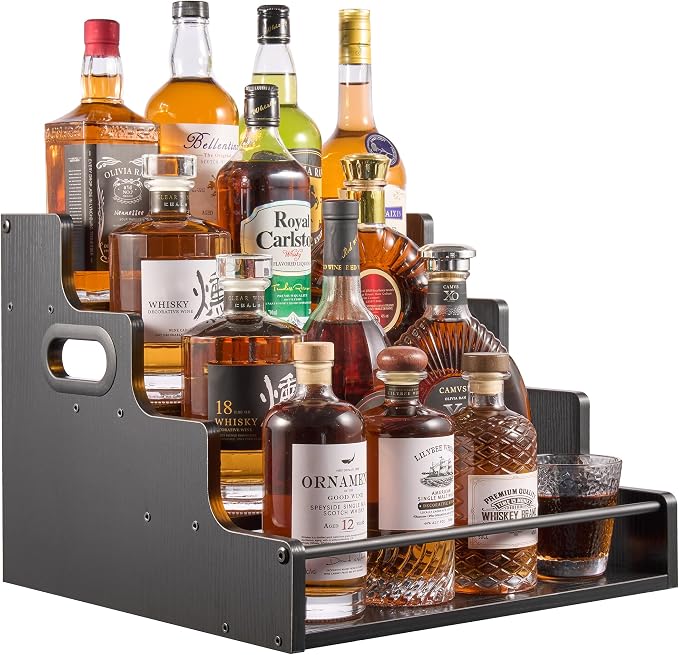 YQBRAO 4-Tier Liquor Bottle Display Shelf, 16-Inch, Black | Holds up to 16 bottles with raised rows for clear viewing; ideal for whiskey, spirits, home bars, and kitchens. by Unknown