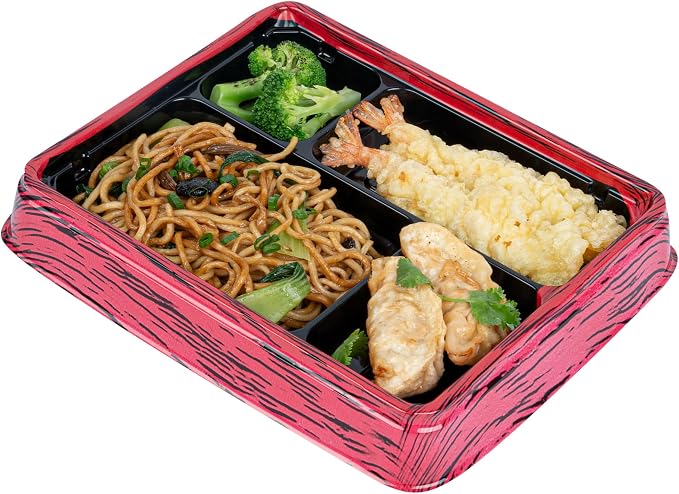 Restaurantware Bento Tek 15.2 Ounce Meal Prep Containers, 100 Disposable To Go Food Boxes - Lids Sold Separately, 4 Compartments, Red And Black Plastic Bento Lunch Boxes, Freezable, For Take Out - Image 2