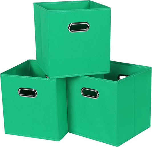 Black Fabric Cubby Storage Bins,13x13x13 Inches,Cube Organizer Bin Foldable Storage Boxes with Dual Handles Fabric Organizer Box and collapsible Storage basket,Set of 3,Green by Yunkeeper