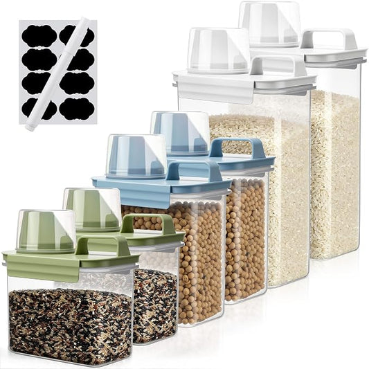 LemonRoad 6 Pcs Cereal Container Organizer Sets, 1.3L & 1.8L & 2.5L, Airtight Plastic Kitchen Organizer Bin with Lids, Dry Food Storage for Pet Food, Rice, Oatmeal, Sugar Dispenser by Unknown