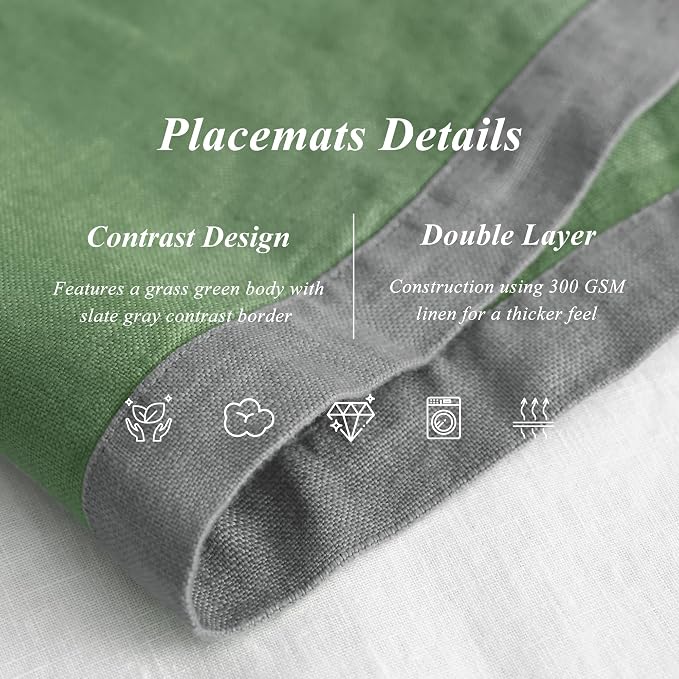 Linen World 100% French Linen Placemats Set of 4,21 x 15 Inch Double Layer Table Mats,Washable Heavyweight Placemats for Holiday Dining Kitchen Decor,Grass Green with Slate Gray Contrast Border - Image 7