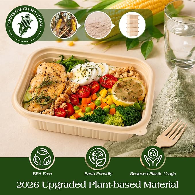 50 Pack (100 Piece) Food Containers with Lids, 22oz Meal Prep Containers Reusable Plant-based Cornstarch Lunch Box BPA Free Small Disposable Take Out Togo Boxes for Salad Microwave & Freezer Safe - Image 3