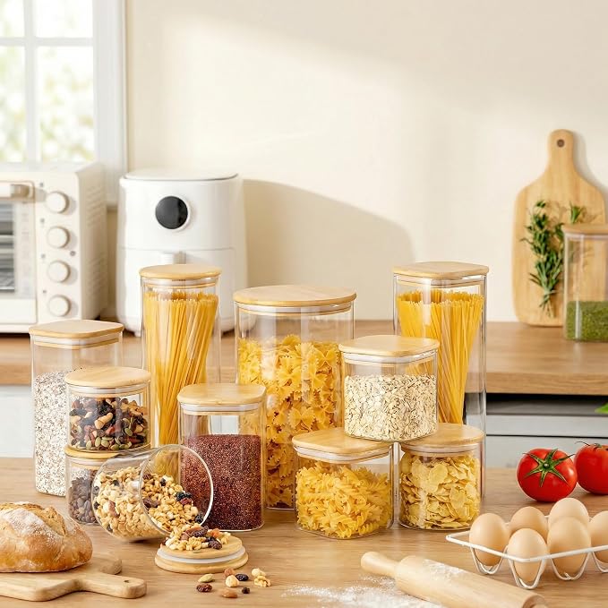 HomArtist Square Glass Jars with Bamboo Lids [Muti Size Set of 5], Glass Canisters with Airtight Lids, Glass Food Storage Containers for Pasta, Cereal, Flour, Sugar, Best for Kitchen & Pantry | 79oz/53oz/27oz Airtight Storage Jars for Pantry & Kitchen,... - Image 6