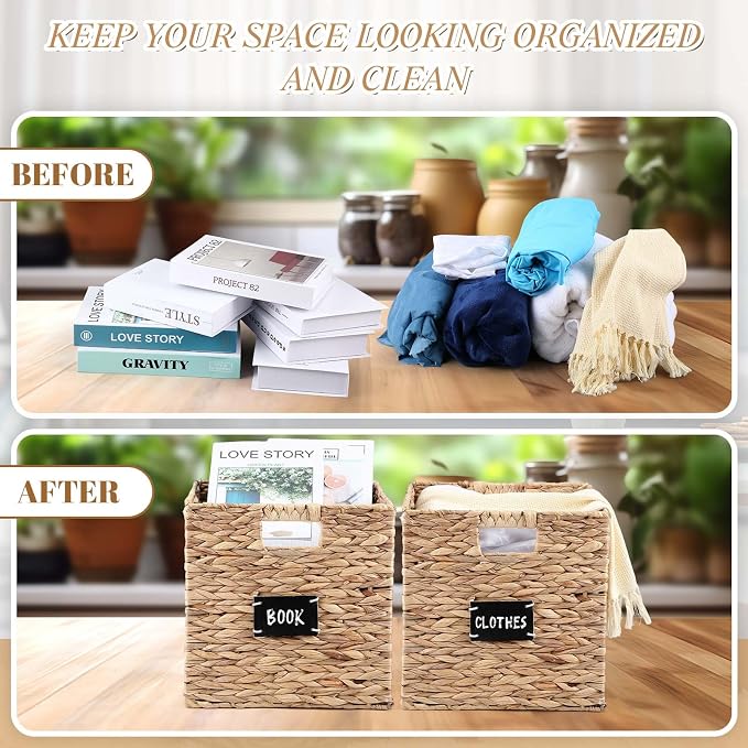 Jinei 12 Pcs Wicker Storage Basket Bulk, 10 x 10 x 10 Inch Handwoven Hyacinth Folding Cube Bin with Handles Labels for Shelves Pantry Laundry Organization - Image 6