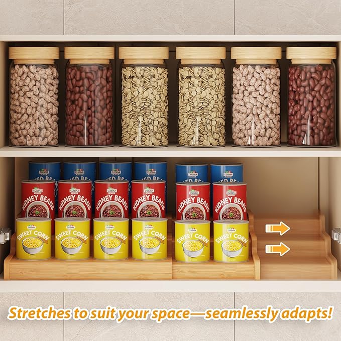 3-Tier Expandable Bamboo Can Rack Organizer for Pantry, Holds Up to 24 Cans | Adjustable Can Storage Holder, Soda Canned goods Organizer Display for Pantry, Cabinet, Countertop (patent pending) - Image 3
