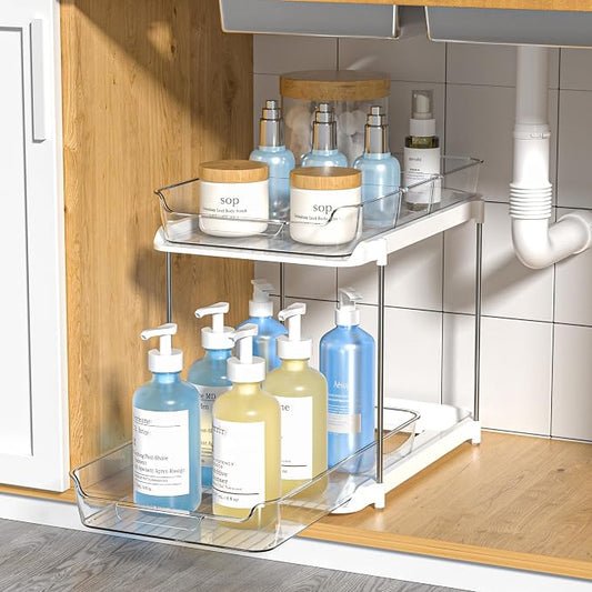 Delamu 2-Tier Multi-Purpose Bathroom Under Sink Organizers and Storage, Stackable Kitchen Pantry Organization, Pull Out Medicine Cabinet Organizer with Movable Dividers, White, 1 Pack by DELAMU