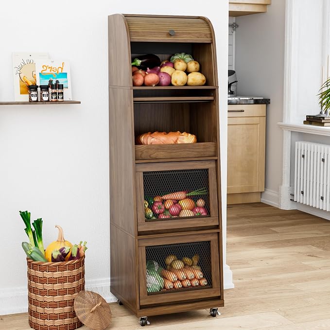 Movable Potato Storage Bins, Fruit Vegetable Basket, Kitchen Pantry Cabinet | Tall Large Potato and Onion Storage Bin, for Bread, Mid Century Modern, Wooden, with Sliding Door and Wheels, 4 Tier, Walnut by BuyNow
