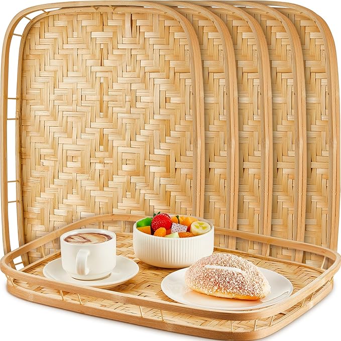 FillTouch 6 Pcs Bamboo Wicker Serving Trays 16.93 x 13 x 1.57 Inch Hand Woven Lap Trays for Eating Rectangular Flat Baskets Trays Decorative Bedroom Bed Tray for Eating Dinner Tray Fruit Snack Holder by FillTouch