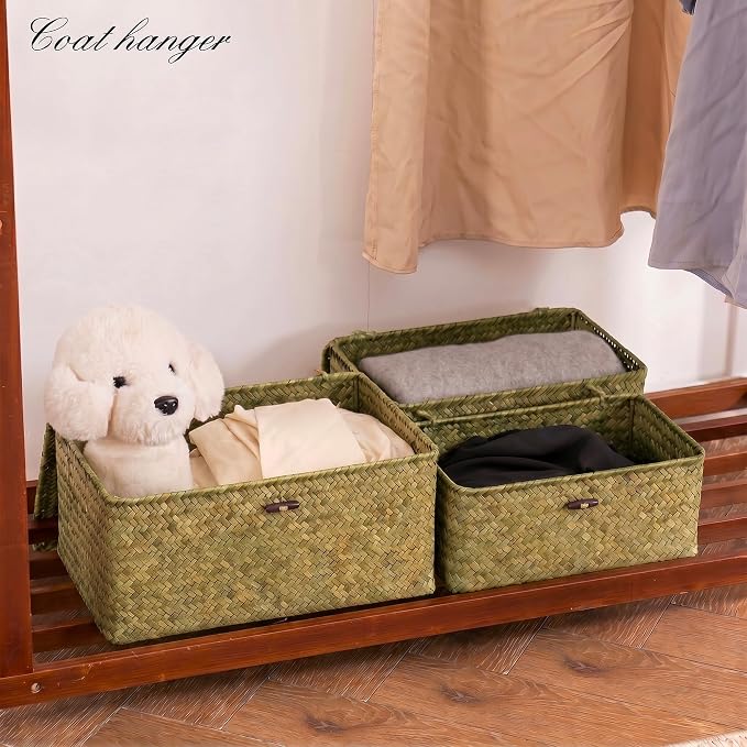 Nonam Storage Basket with Lid, Natural Seagrass Bin with Lid Set of 3, Shelf Baskets Multipurpose Container for Boho Decoration, Rectangular Storage Boxes for Home Organization- Dark Moss Green - Image 5