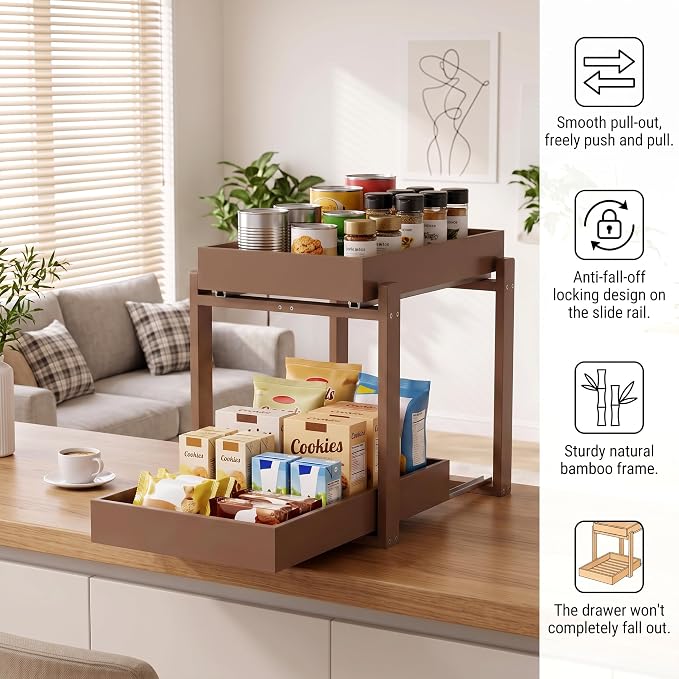 MHXW SXPN Bamboo Under Sink Organizer, 2 Pack Pull Out Cabinet Organizer | 2 Tier Vertical Smooth Slide Out Undersink Storage Shelf | Multi-Purpose Organizer Shelves for Kitchen Bathroom Medicine - Image 4