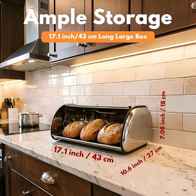 Large Stainless Steel Bread Box for Kitchen Countertop, Roll Top Metal Bread Storage Container with Window & Air Vents, Bread Keeper for Homemade Bread, Pastries (17.1x10.6x7.08 In) - Image 2