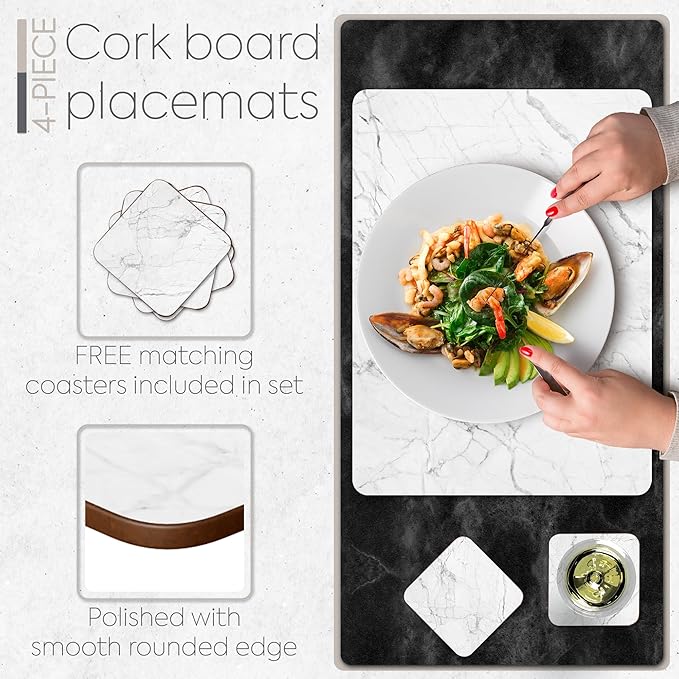 Set of 4 Heat Resistant Cork Placemats for Dining Table with Free Set of 4 Matching Drink Coasters Marble Design 16 x 12 Inches Cork Backed Hard Placemats (White Marble) - Image 4