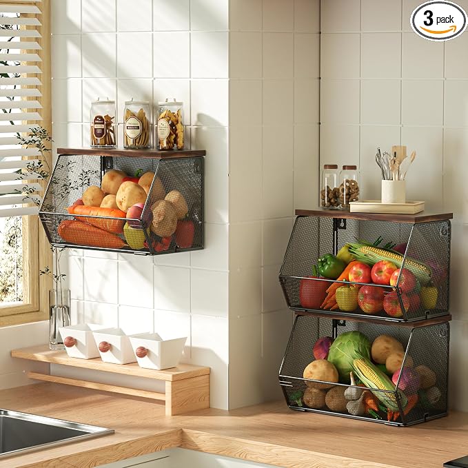 Litwaro Fruit Basket Wire Baskets with Wood Lid, Wall Mounted Produce Basket for Snack, Fruit and Vegetable Storage, Countertop Onion and Potato Storage, 3 Pack Stackable Kitchen Counter Organizer by Litwaro