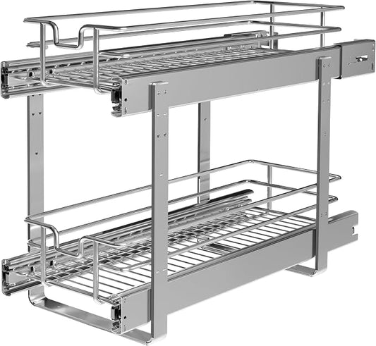2-Tier Cabinet Pull Out Shelves, 9" W x 22" D | Heavy-Gauge Wire Sliding Shelves, 100 lbs Limit, Ball-Bearing Glides, 3 Heights, Min 9" Opening, For Spices & Under Sink by JOWBOOW