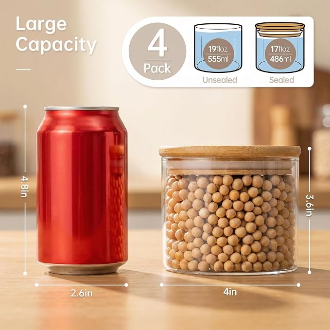 17 oz Glass Jars with Bamboo Lids, Airtight Food Storage Containers, 4 Pack | Round Small Pantry Jars for Spices, Nuts & Seeds , 3mm Borosilicate Glass Canisters Keep Food Fresh, Easy to Fill & Clean - Image 3