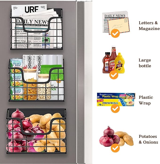 Magnetic Shelf for Fridge, 3 Pack Metal Fridge Organizer Baskets, Magnetic Cup Holder for Refrigerator, Fruit & Snack Storage, Magnetic Bin for Potatoes, Letters, Magazines, Kitchen & Laundry Room - Image 5